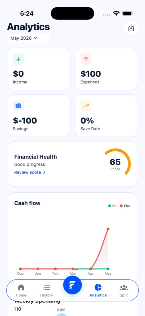 Fin analytics screen with financial health and cash flow