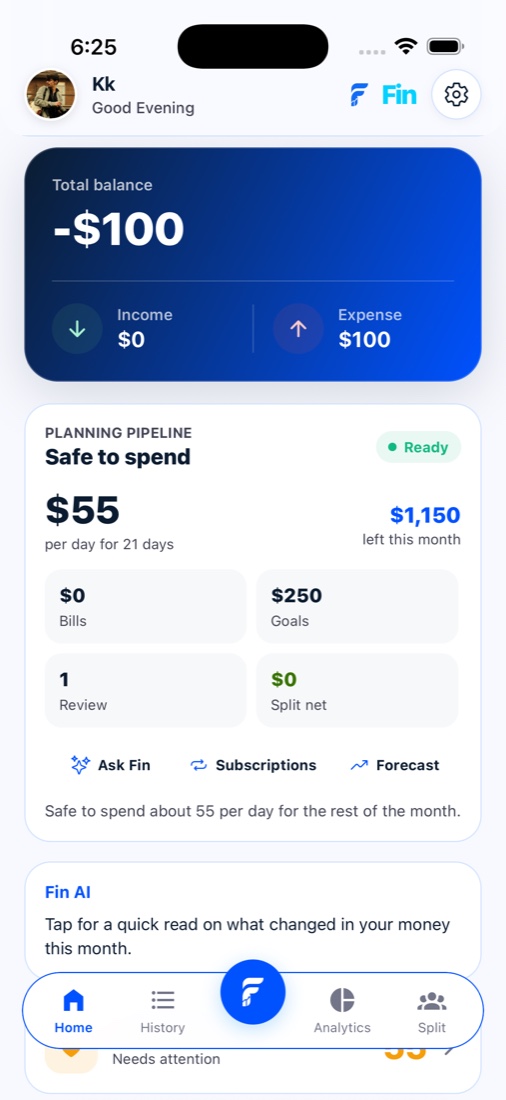 Fin dashboard showing balance and planning pipeline