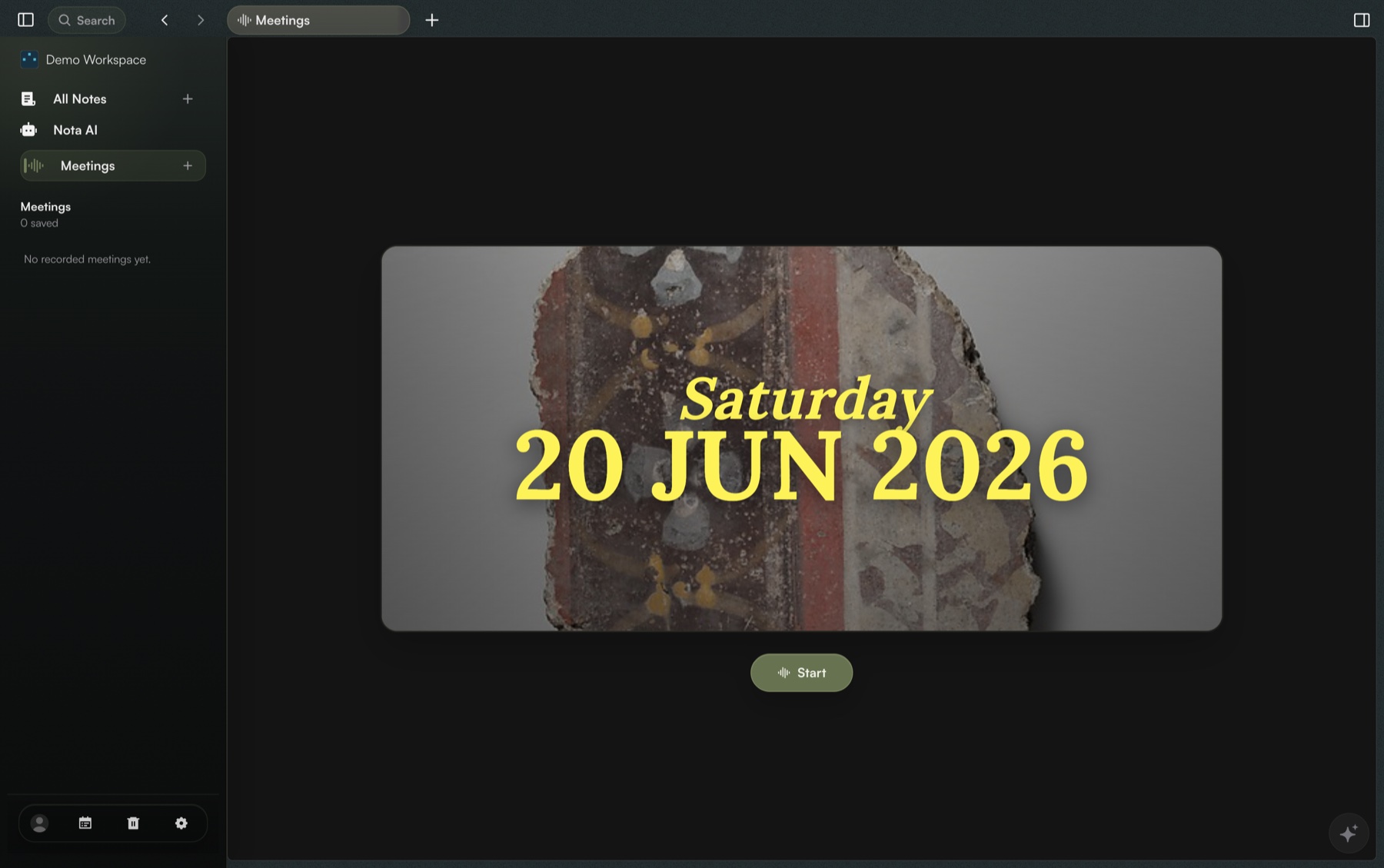 Nota meetings interface showing the meeting start screen